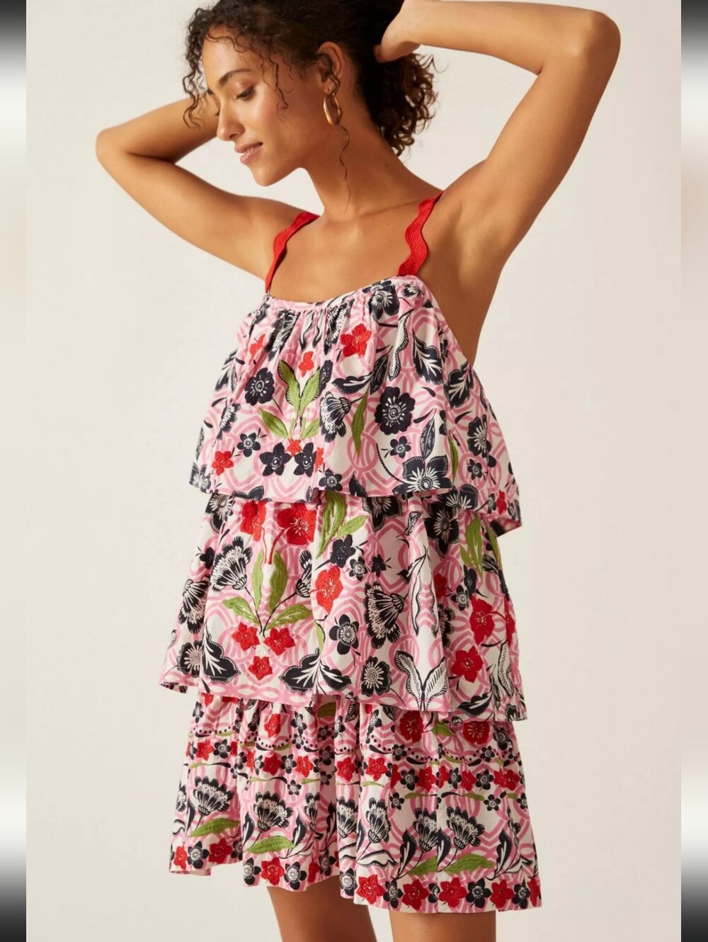Maeve Pink Floral Tiered Mini Dress with Flowers